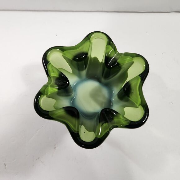 Vintage Mid Century Jade Green And White Sasaki Art Glass Bowl Ashtray Cigars - Picture 4 of 10